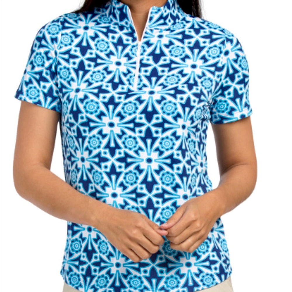IBKUL Short Sleeve Top Moroccan Tile Blue Golf tennis Preppy Resort New XS S